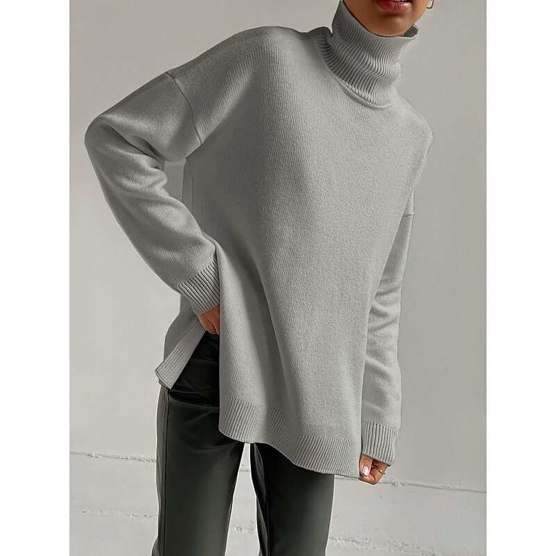 Women's Sweater Casual Soft Pure Color Ribbed Turtleneck Split Knitted Long Sleeve Regular Tops Knit Outdoor Daily Weekend Royal Blue Green Fall Winter3