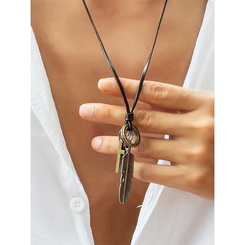 Men's Vintage Feather Pendant Necklace with Cross and Inspirational Charms, Leather Rope, Perfect for Casual Wear and Gifts - Main Image