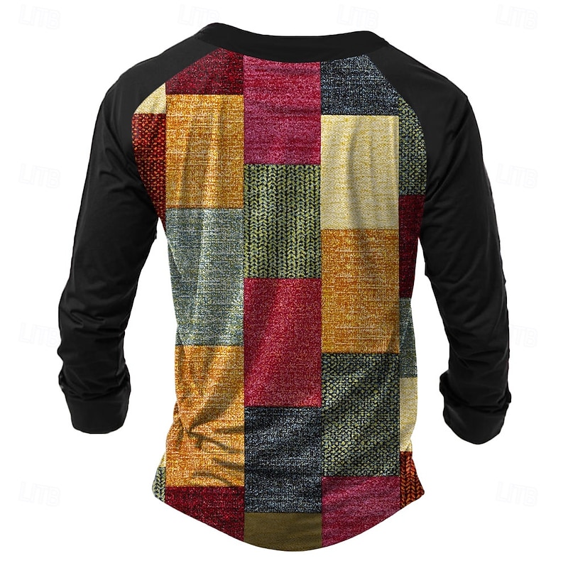 Men's Long Sleeve Henley Shirt, Patchwork Geometric Graphic Design, Casual Bohemian Button Neck Top2