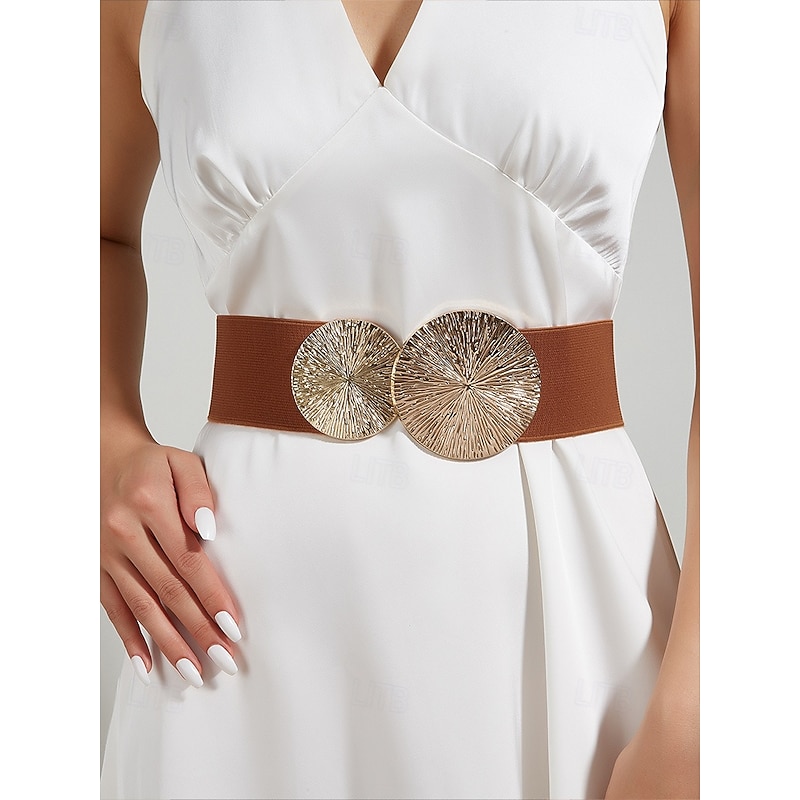 Women's Elastic Waist Belt with Gold Circle Buckle - Fashionable Wide Stretch Belt for Dresses, Casual and Formal Occasions2