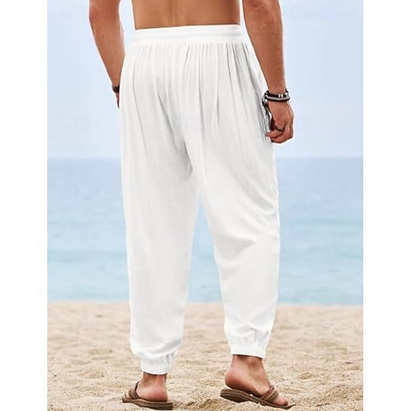 Men's Joggers Linen Pants Trousers Summer Pants Beach Pants Drawstring Elastic Waist Plain Comfort Breathable Full Length Outdoor Daily Holiday Vacation Fashion Black White3