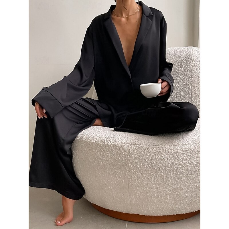 Women's Pajama Set Casual Comfort Pure Color Button Up Elastic Waist Shirt Pant Home Daily Long Sleeve Shirt Collar Black Green Summer Spring Fall Regular Fit2