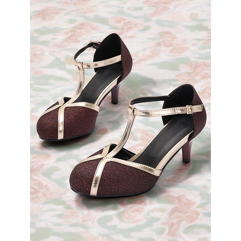 Women's 1920s Glitter T-Strap Heels with Metallic Gold Trim, Vintage Gatsby Style Closed-Toe Pumps for Evening Parties, Weddings, and Formal Events4