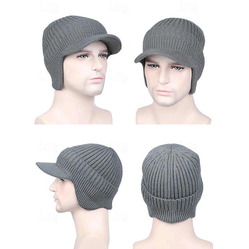 Men's Knit Winter Hat with Visor and Ear Flaps - Warm Ribbed Beanie Cap for Outdoor Activities and Casual Wear3