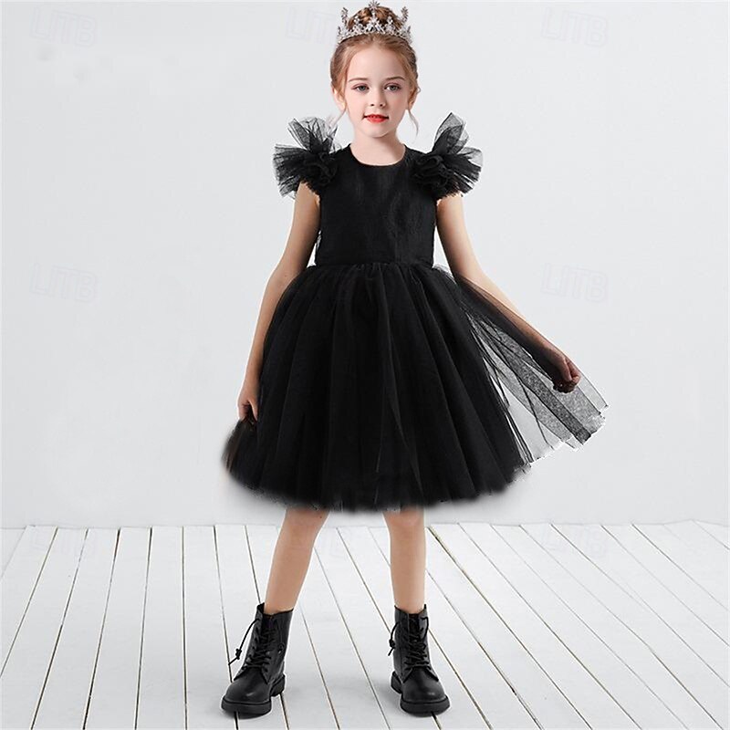 Flower Girl Dress Kid's Girls' Princess Dress Performance Wedding Party Elegant Beautiful Mesh Solid Color Short Sleeve Crew Neck Black White 4 years+3
