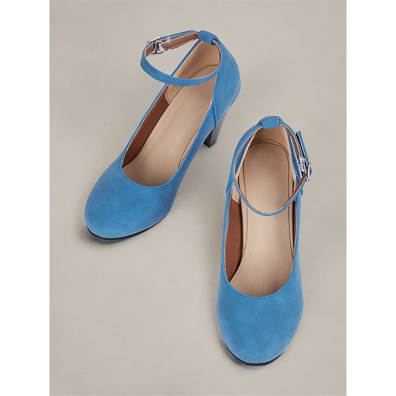 Women's Elegant Blue Suede Ankle Strap Pumps with Block Heel - Perfect for Weddings and Special Occasions4