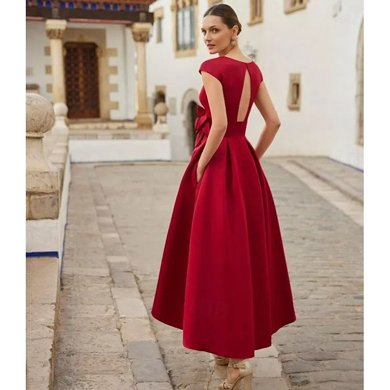 A-Line Cocktail Dresses Beach Wedding Elegant Dress Formal Asymmetrical Short Sleeve V Neck Pocket Satin with Pocket Shouder Flower Dresses2