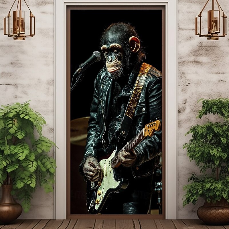 Animal Door Decorations Door Covers Rock Star Chimpanzee Door Tapestry Door Curtain Decoration Backdrop Indoor/Outdoor Door Banner for Front Door Farmhouse3