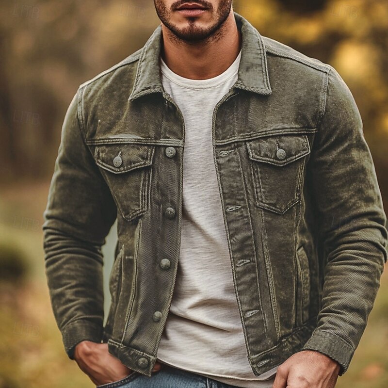 Men's Lightweight Jacket Denim Jacket Chore Jacket Formal Home Pocket Winter Spring &  Fall Solid Color Retro Vintage Shirt Collar Regular Brown Jacket