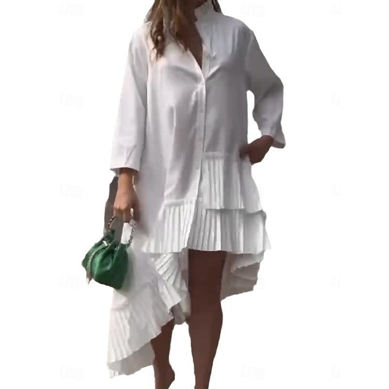 Women's White Dress Midi Dress Ruffle Patchwork Casual Stand Collar Long Sleeve Black White Color3