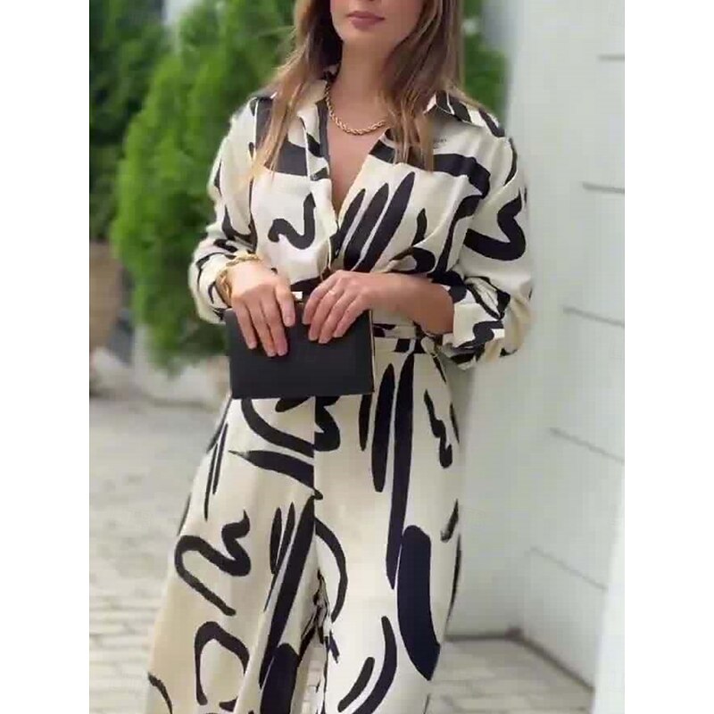 Women's Fashion Streetwear Daily Shirt Blouse Wide Leg Pants Long Sleeve Shirt Collar Graphic Print Casual Daily White Spring &  Fall Regular Fit4