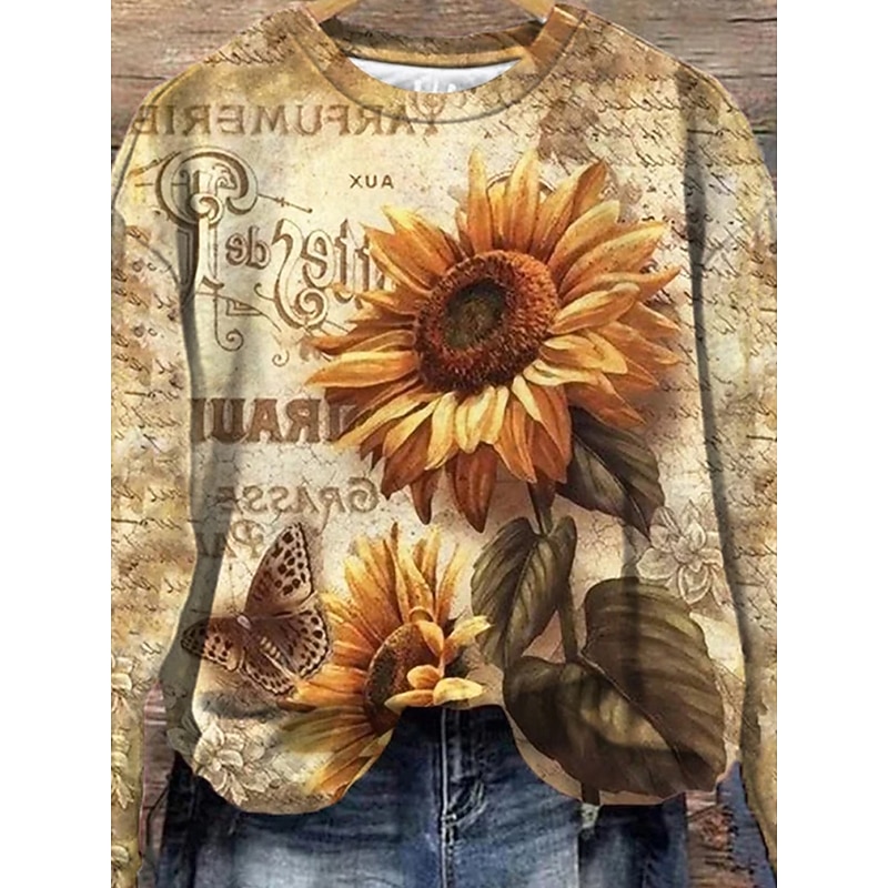 Women's Hoodies Floral Casual Long Sleeve Hoodie Regular Tops Print Khaki Fall Winter3