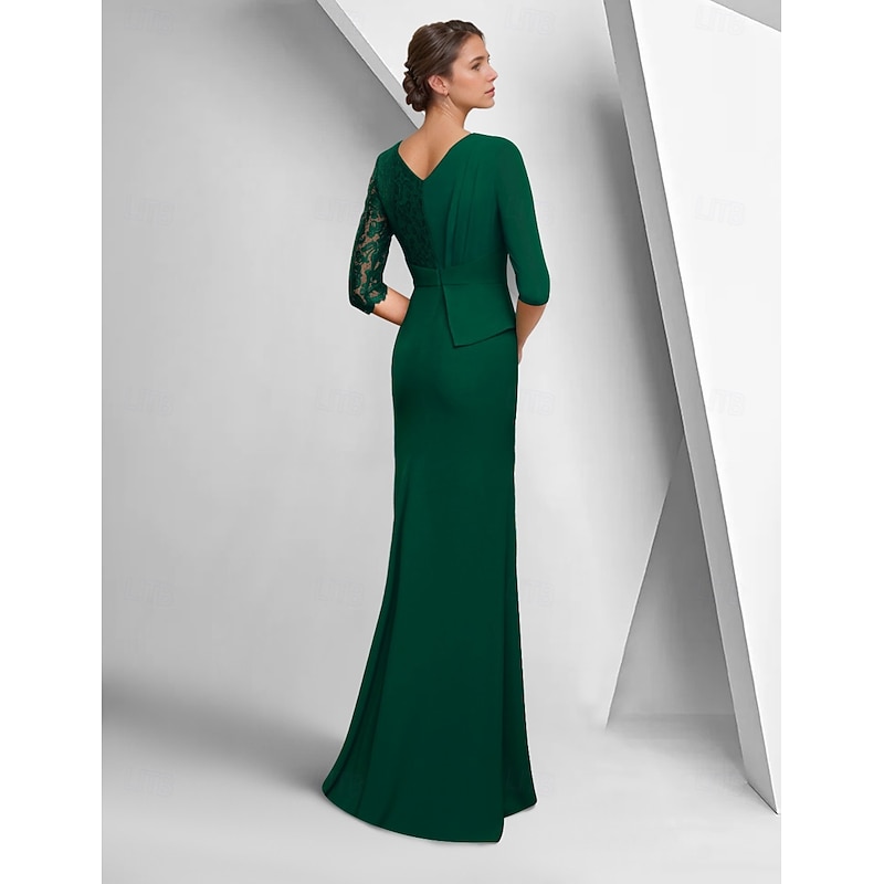 A-Line Dress Mother of the Bride Dress Elegant Bateau Neck Ankle Length Stretch Fabric Half Sleeve with Lace Tier Solid Color2