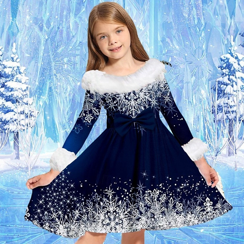 Kids Girls' Dress Snowflake Dress Snowflake Long Sleeve Party Casual Fur Trim Crewneck Adorable Daily Polyester Above Knee Casual Dress Swing Dress A Line Dress Fall Winter 2-13 Years Multicolor3