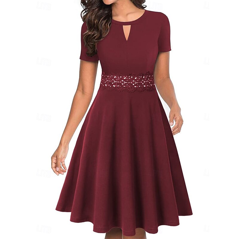 Women's Patchwork Vintage Dress Midi Dress Elegant Plain Crew Neck Short Sleeve Vacation Daily Black Wine2