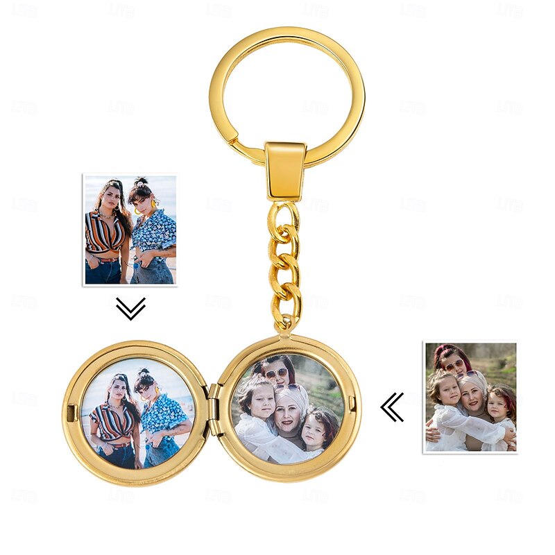 Personalized Keychain Custom Best Gift for Mom Wedding Gift for Lovers Gold Round Pendant with Two Customizable Photos