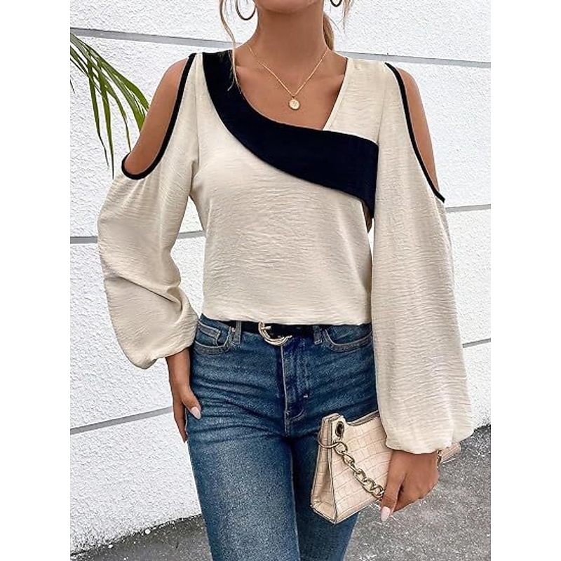 Women's Shirt Blouse Solid Color Basic Casual Long Sleeve V Neck Regular Tops Daily Patchwork Cut Out Black Beige Spring &  Fall