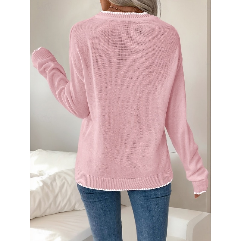 Women's Valentine Pink Sweater Casual Soft Graphic Ribbed Crew Neck Knitted Long Sleeve Regular Tops Knit Outdoor Daily Weekend Black White Fall Winter2