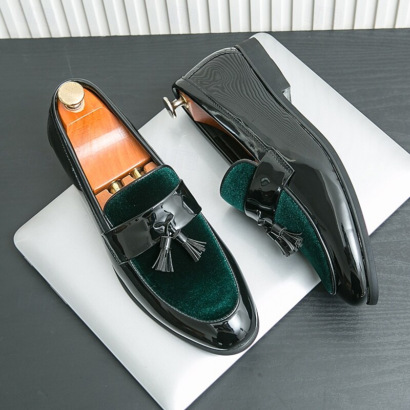Men's Black Patent Faux Leather Tassel Loafers – Velvet Accent Slip-On Dress Shoes for Wedding and Formal Wear3