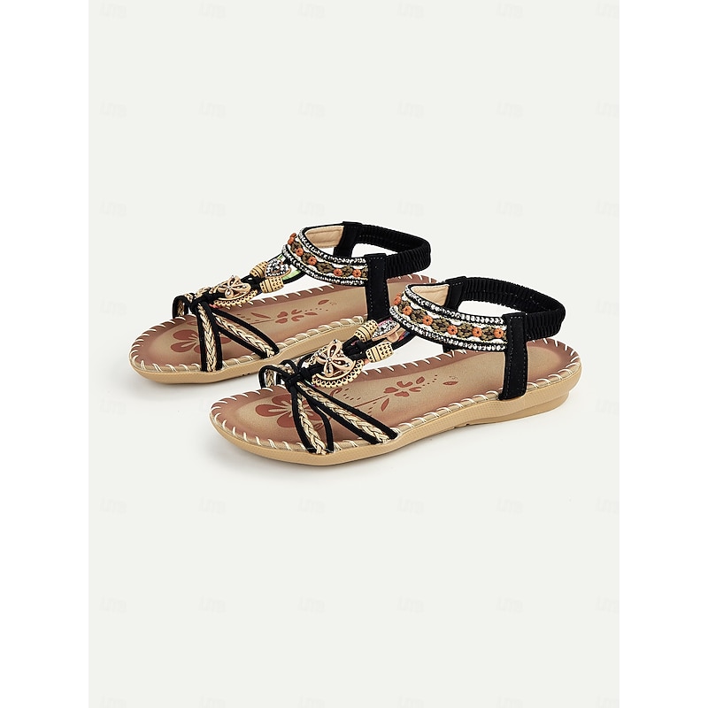 Women's Bohemian Style Flat Sandals with Beaded Embellishments and Elastic Strap, Comfortable Summer Shoes for Beach and Casual Outings4