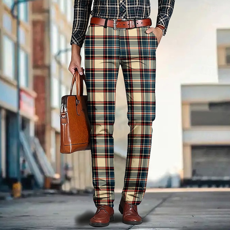 Men's Geometric Color Block Plaid / Check Dress Pants Mid Waist Casual Outdoor Home Dailywear Zipper Pocket Summer Spring Fall 3D Print Yellow Red Blue4