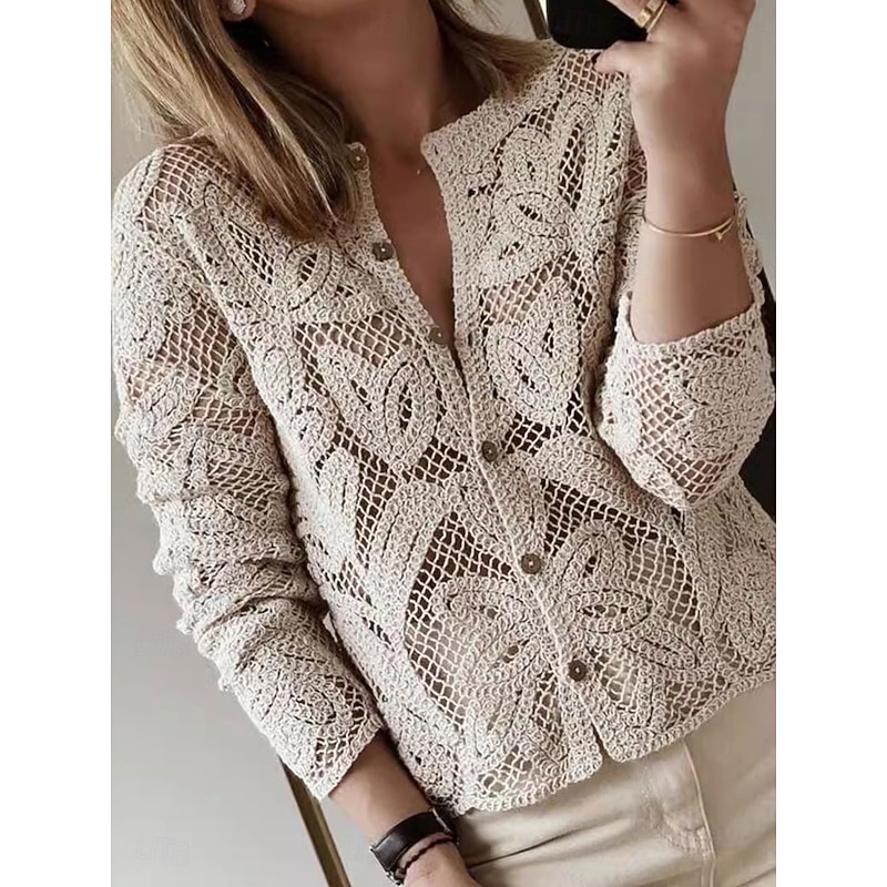 Women's Blouse Solid Color Basic Casual Long Sleeve Crew Neck Regular Tops Daily Hollow Out Buttons Khaki Fall Winter2