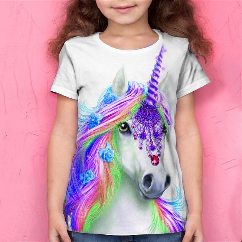 Girls' 3D Animal Unicorn T shirt Short Sleeve 3D Print Summer Spring Active Fashion Cute Kids 3-12 Years Outdoor Daily Regular Fit3
