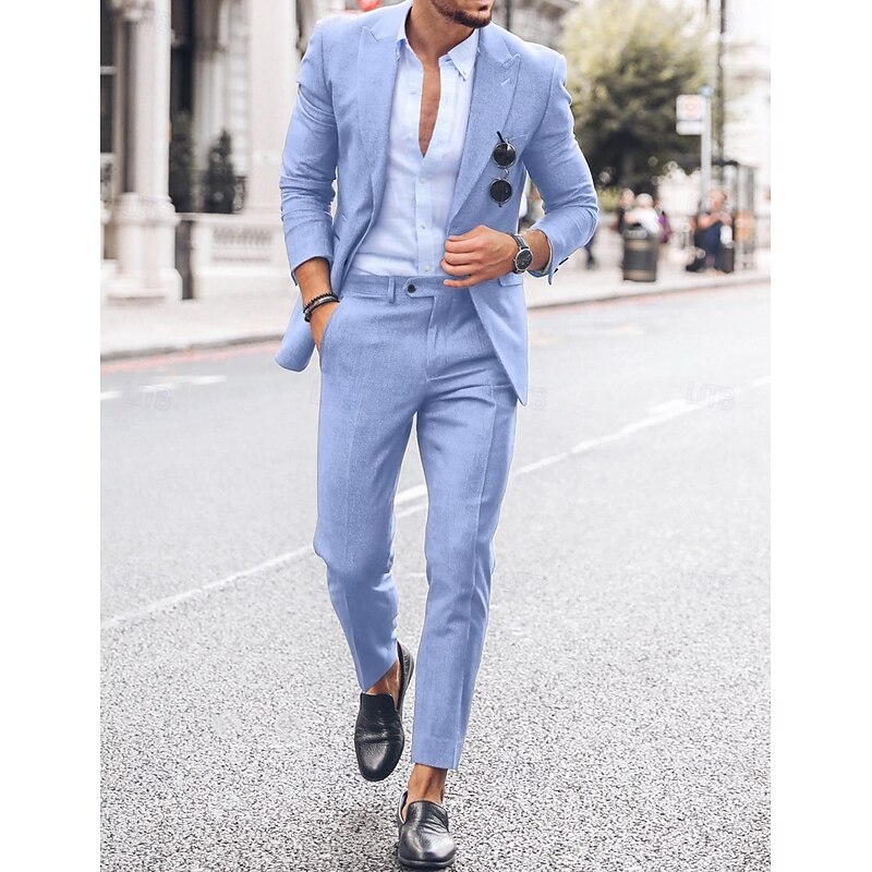 Men's Beach Wedding Linen Suits Peak Sky Blue Dark Blue Fashion Casual Solid Colored Tailored Fit 2 Piece Single Breasted One-button