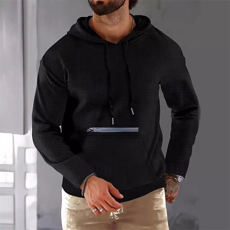 Men's Hoodie Black Army Green Red Khaki Hooded Plain Ribbed Front Pocket Textured Sports & Outdoor Daily Holiday Streetwear Basic Casual Spring &  Fall Clothing Apparel Hoodies Sweatshirts  Long