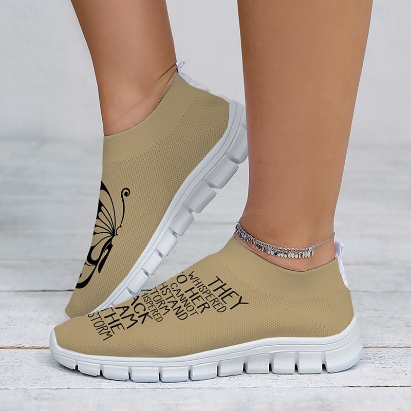 Women's Inspirational Butterfly Khaki Fly-knit Slip-On Sneakers - Lightweight Comfortable Athletic Shoes for Casual Wear and Fitness Activities4