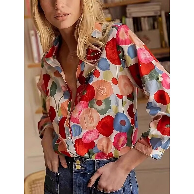 Women's Shirt Blouse Floral Graphic Elegant Stylish Casual Long Sleeve Shirt Collar Regular Tops Work Daily Holiday Buttons Red Summer Spring4