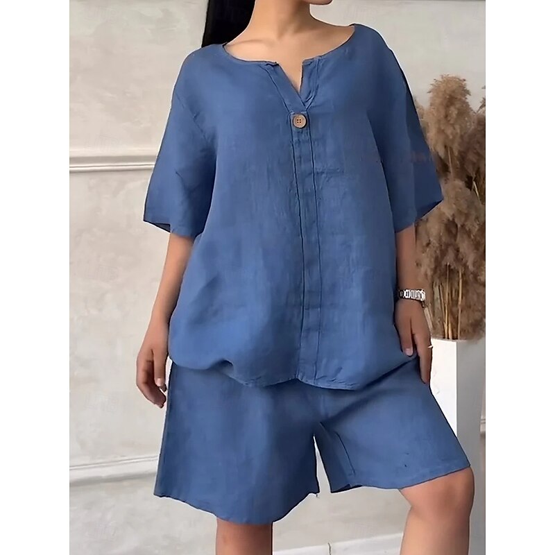 Women's Daily Shirt Linen-Inspired Sets Two Piece Sets Baggy Shorts Short Sleeve Crew Neck Solid Color Patchwork Casual White Red Blue Summer Loose Fit3