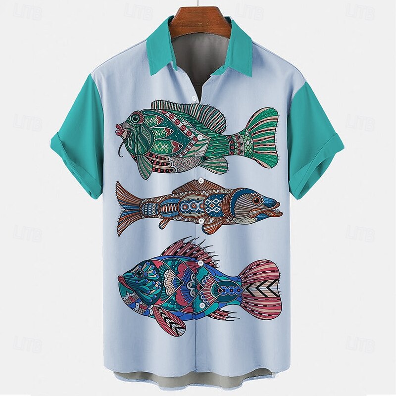 Men's Fish Casual Shirt Button Up Shirt Short Sleeve Fashion Casual Casual Summer Spring Turndown Button Up Red Blue4