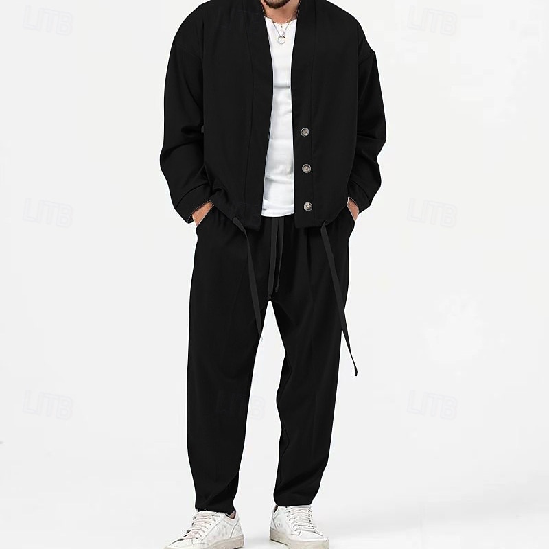 Men's 2 Piece Shirt Set Matching Sets Casual Shirt Green Light Grey Gray Long Sleeve Plain Daily Going out Clothing Apparel Fashion Casual3