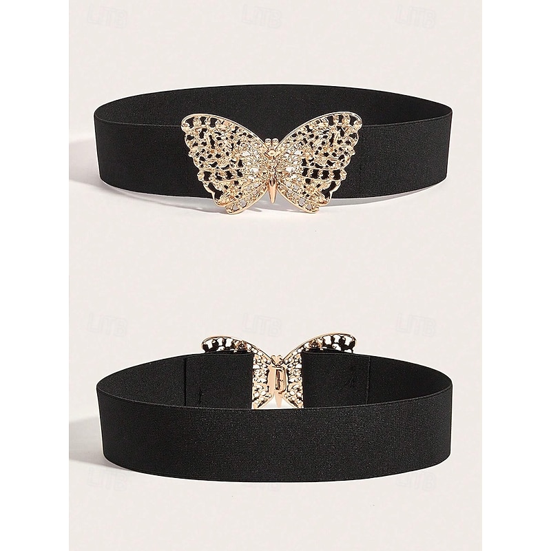 Women's Navy Blue Elastic Waist Belt with Gold Butterfly Buckle | Perfect for Dresses and Skirts4