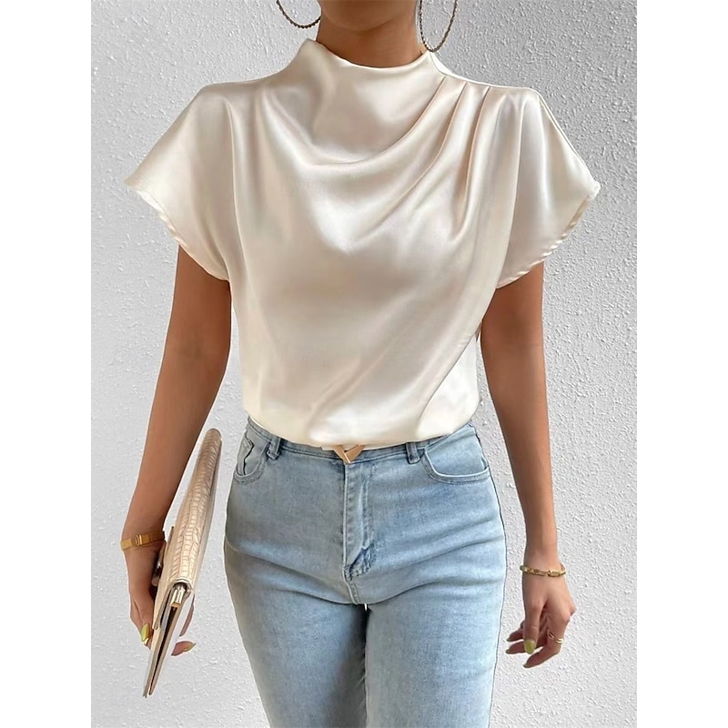 Women's Elegant Dressy Satin Blouse Solid Color Daily Stylish Casual Short Sleeve Crew Neck Regular Tops Daily Patchwork Black White Pink Summer Spring Fall4