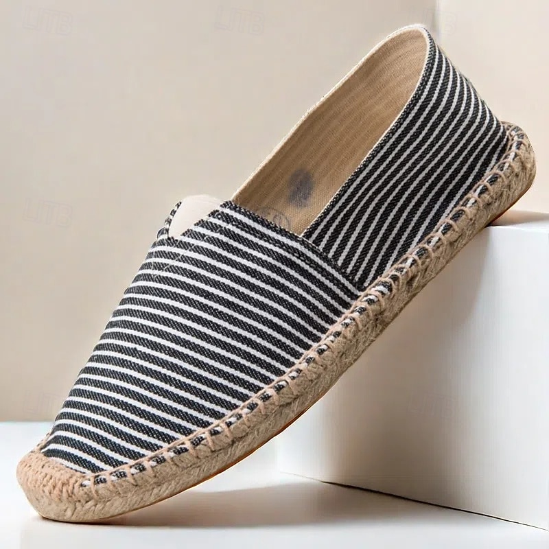 Men's Blue and White Striped Canvas Espadrille Slip-On Shoes with Jute Rope Sole – Comfortable Summer Footwear