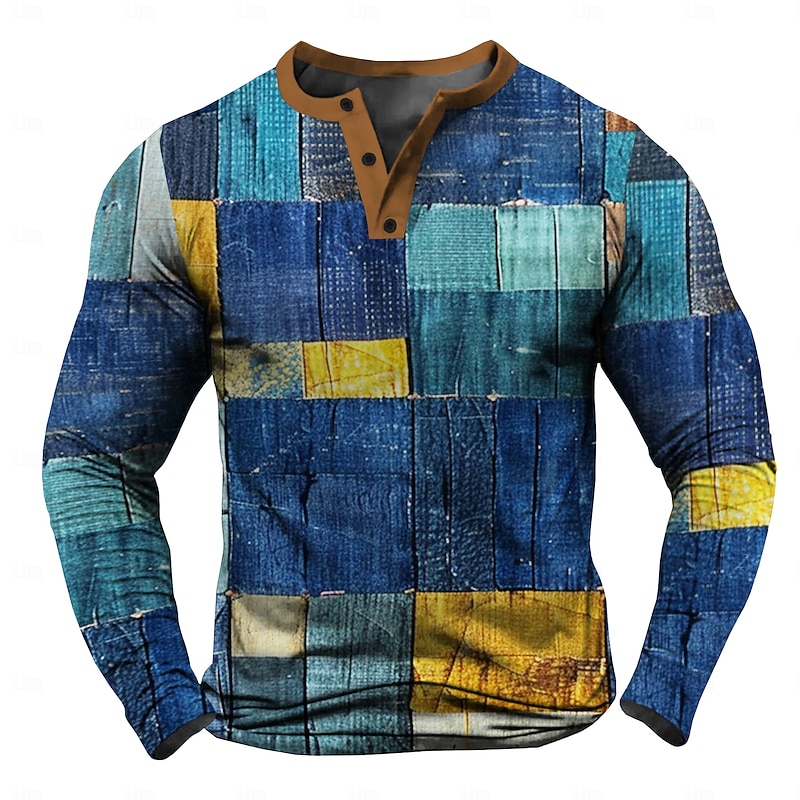 Men's Graphic Patchwork Geometrical Henley Shirt Tee Vintage Shirt Long Sleeve Fashion Designer Comfortable Outdoor Casual Daily Spring &  Fall Brown Green Blue Henley Henley T-Shirt