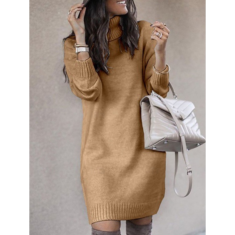 Women's Sweater Dress Casual Soft Pure Color Ribbed Turtleneck Knitted Long Sleeve Long Tops Knit Outdoor Daily Weekend Yellow Pink Fall Winter3