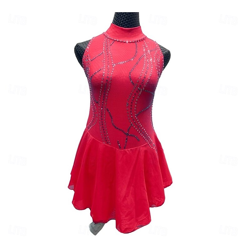 Figure Skating Dress Women's Girls' Ice Skating Dress Red Purple Patchwork Asymmetric Hem Mesh Spandex Stretchy Training Practice Professional Skating Wear Crystal / Rhinestone Sleeveless Figure