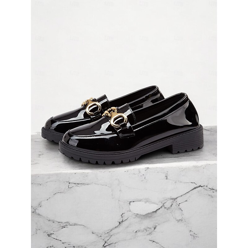 Women's Trendy Black Patent Leather Loafers with Chunky Sole and Metal Chain | Perfect for Casual and Dressy Occasions2