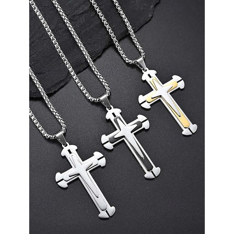 Men's Fashion Jewelry: Blue and Black Cross Necklace with Cuban Chain - Stylish and Durable4