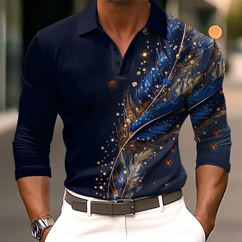 Men's Ombre Geometric Polo Shirts Golf Shirt Long Sleeve Polo Shirts Collared Shirts Casual Business Casual Party Evening Wear Dailywear 3D Print Buttons Spring Fall Winter Blue