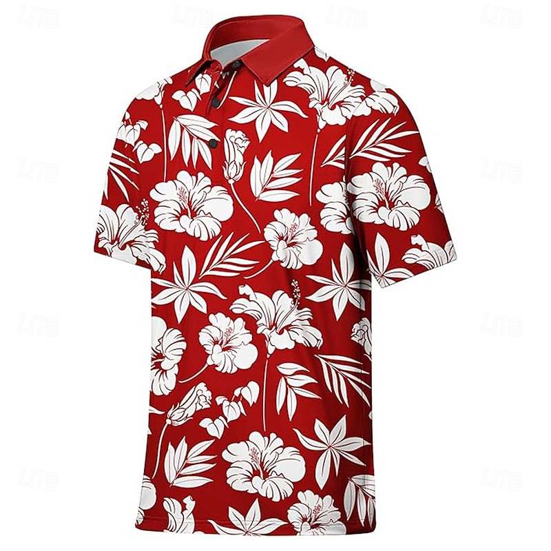 Men's Floral Polo Short Sleeve Polo Shirts Collared Shirts Casual School Outdoor Hawaiian Daily Wear 3D Print Summer Spring Fall Red3