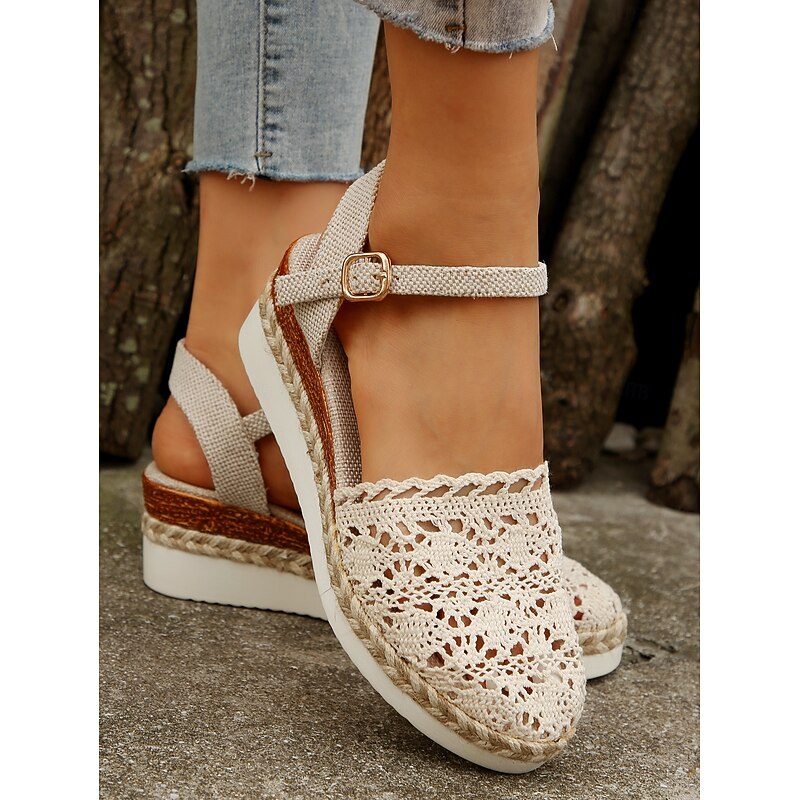 Women's Crochet Espadrille Wedge Sandals with Ankle Strap, Boho Style Lightweight Summer Shoes for Casual and Beach Wear4