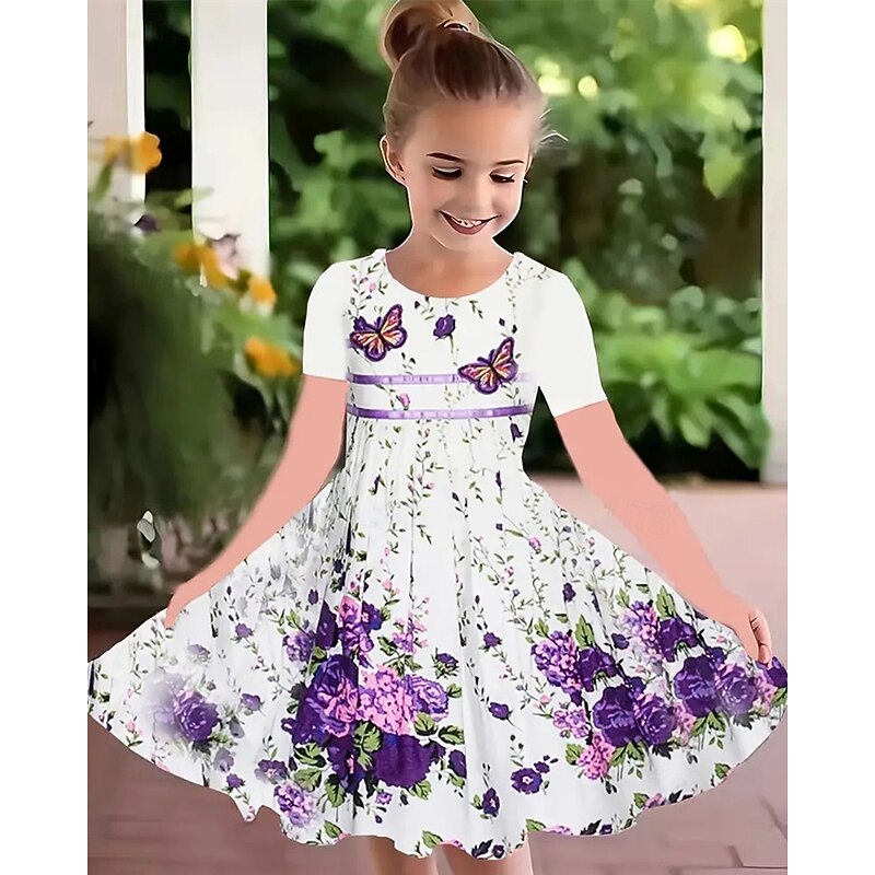 Easter Girls' 3D Floral Graphic Dress Short Sleeve Summer Spring Vacation Daily Holiday Princess Beautiful Sweet Kids 4-12 Years Casual Dress A Line Dress Knee-length Regular Fit