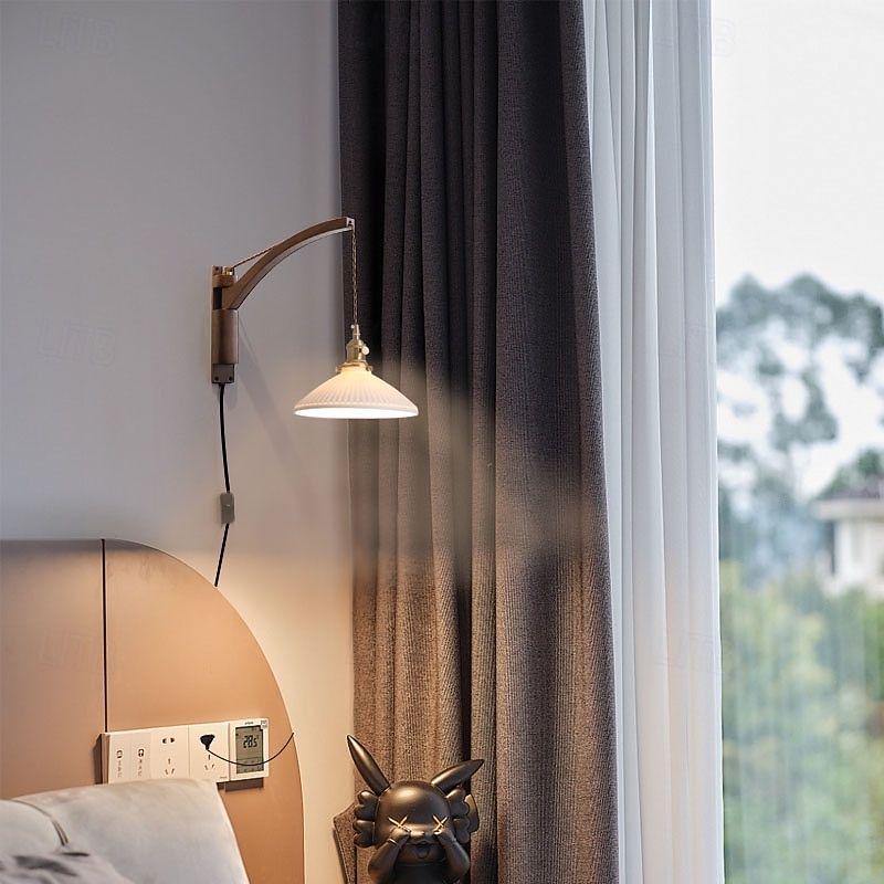 Bedside Wall Mount Wall Lamp Ceramic Lampshade LED Wall Lamp with Wood Lamp Hanger in Scandinavian Style Plug in Wall Light3