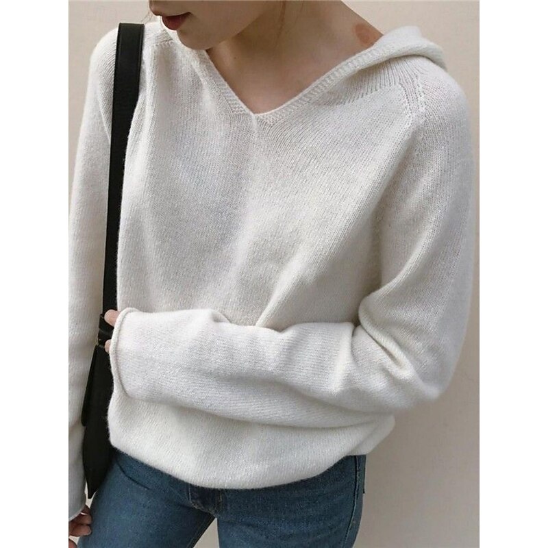 Women's Sweater Casual Soft Pure Color Ribbed Hooded Knitted Long Sleeve Regular Tops Knit Outdoor Daily Weekend White Yellow Fall Winter2