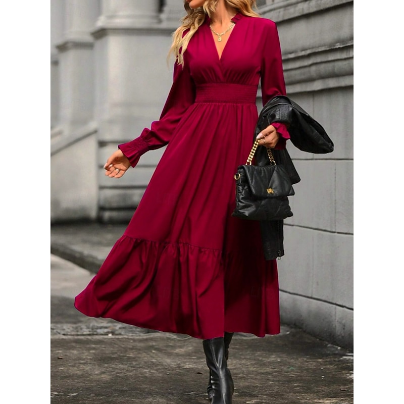 Women's Casual Dress Midi Dress Ruffle Casual V Neck Long Sleeve Black Wine Khaki Color