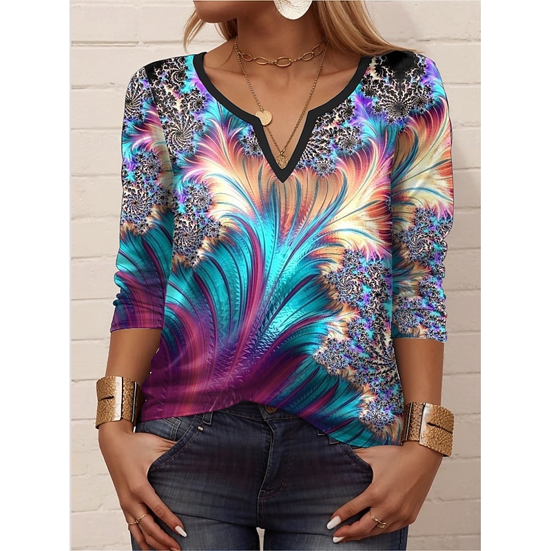 Women's T Shirt Graphic Casual Long Sleeve Notched Neck Regular Tops Daily Print Blue Spring Fall